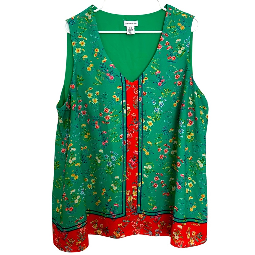 Adrienne Vittadini Border Print Green Floral Tunic Top Size 3X Lined Blouse‎
